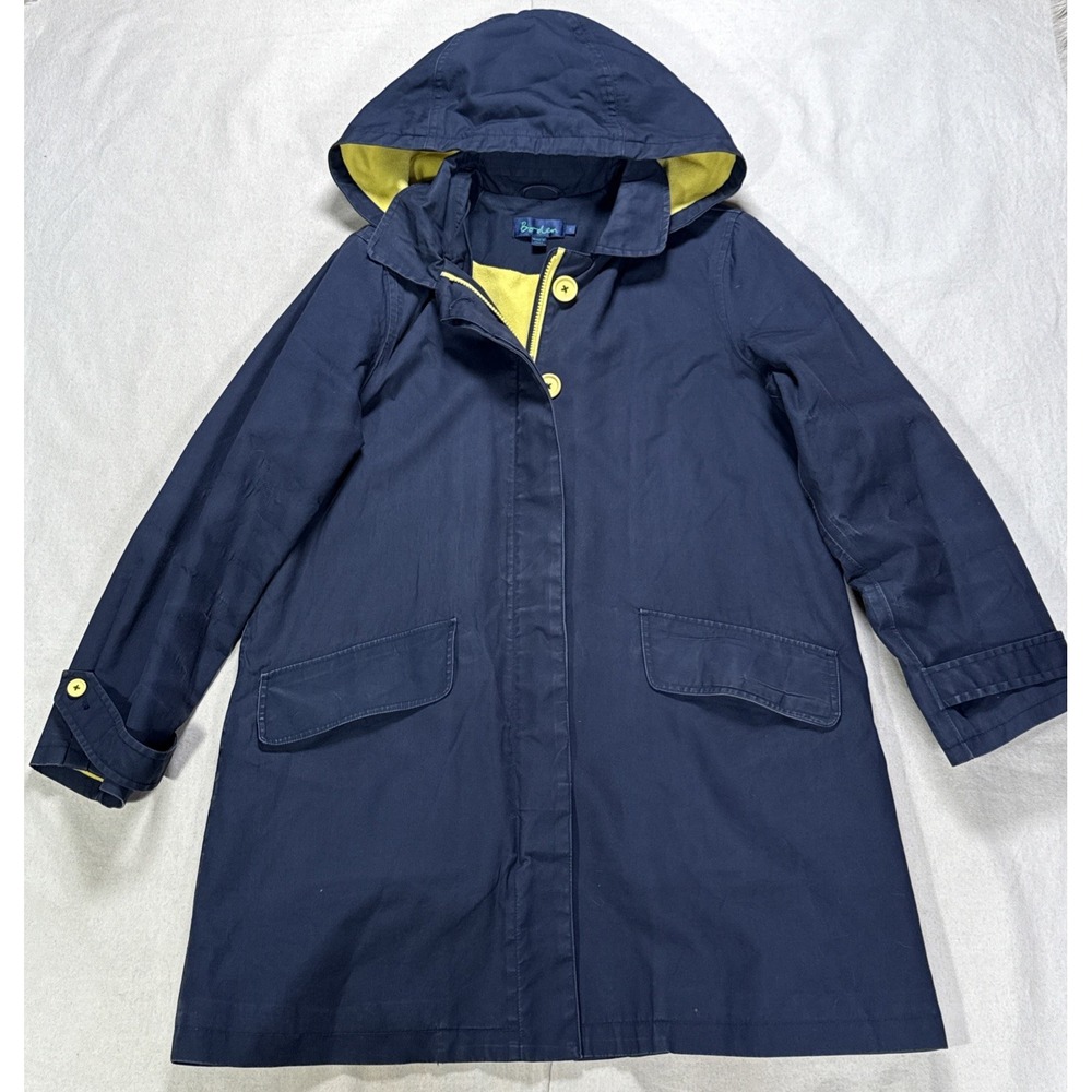 Boden Navy Hooded Button Front Rain Coat Jacket Lined Pockets Women's US 14